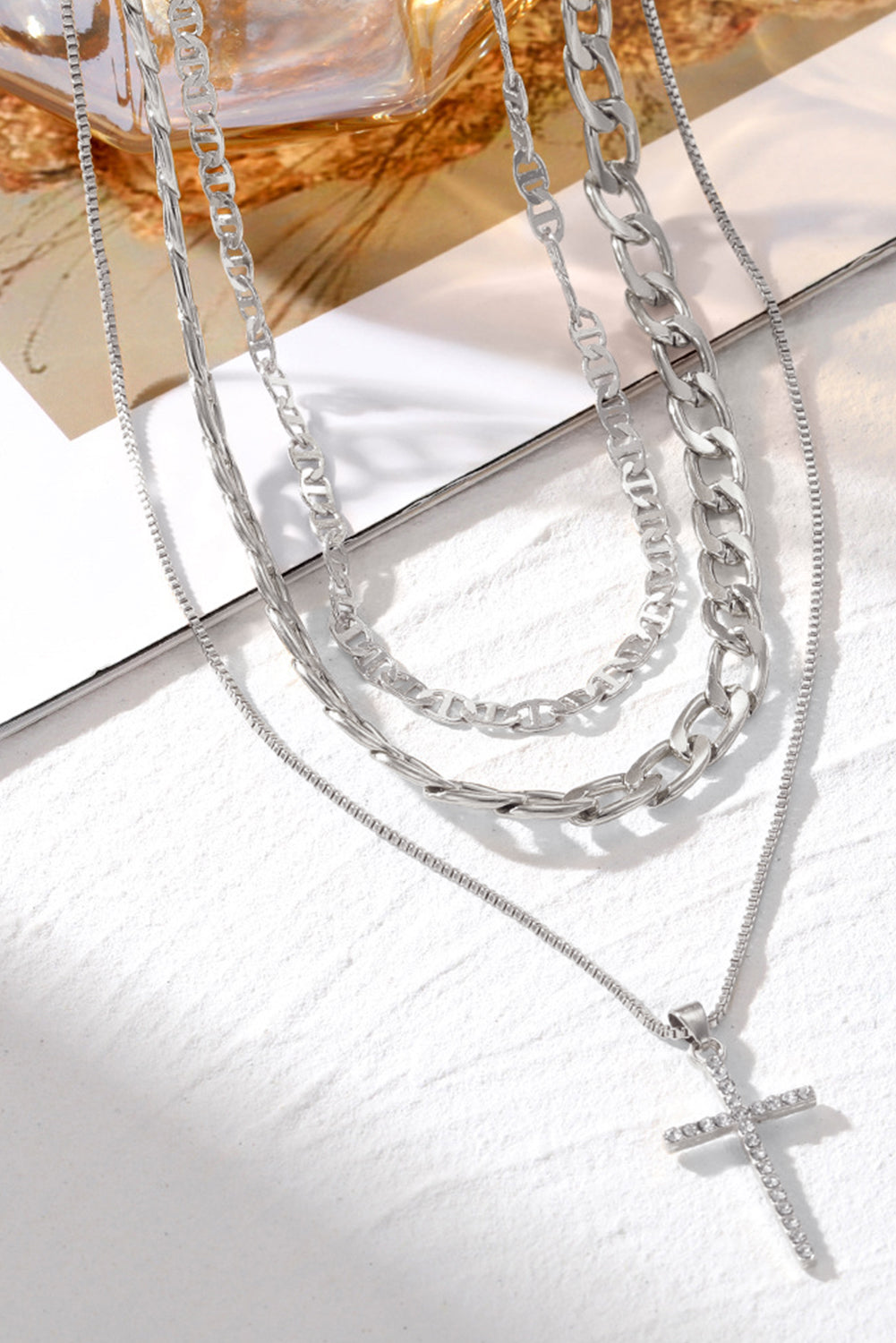 Silvery Rhinestone Cross Pendant Multi Layer Stacked Chain Necklace cac6f9666ef3f1f8
