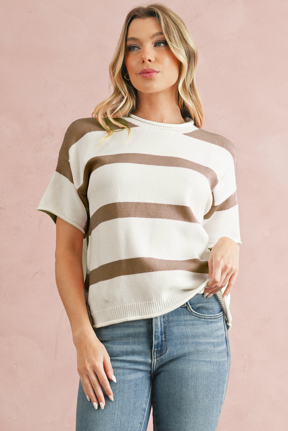 Khaki Striped Drop Shoulder Knitted Top cad593f20e63c0cc