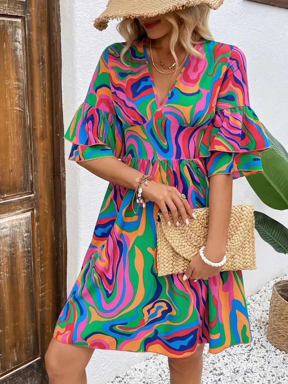 Ruffled Printed V-Neck Half Sleeve Mini Dress cada339d-8d00-4465-b770-e5fa8a135651-Max