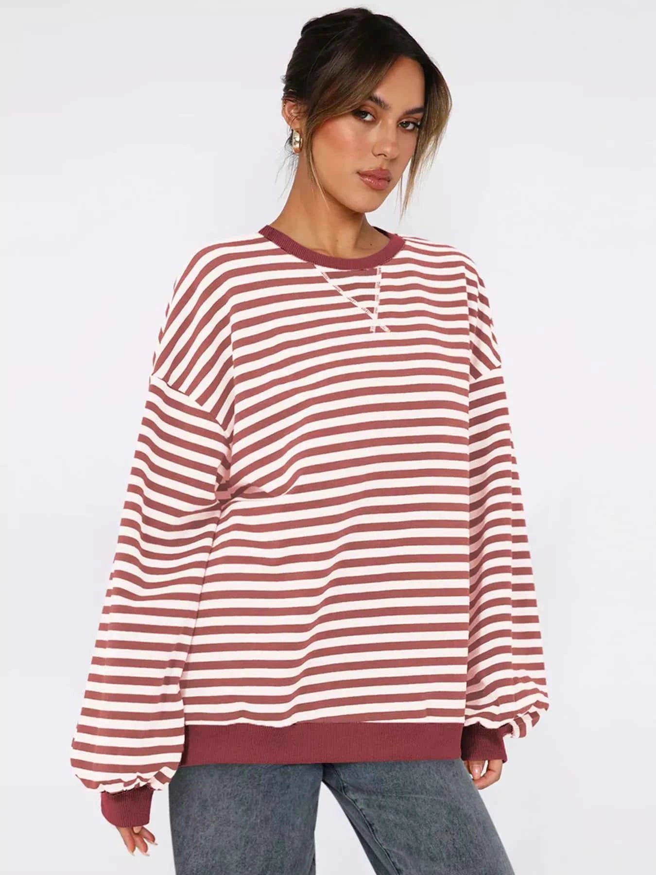 Striped Round Neck Long Sleeve Sweatshirt cae06a5048d64b06a03dc4881c6a21db-Max-Origin