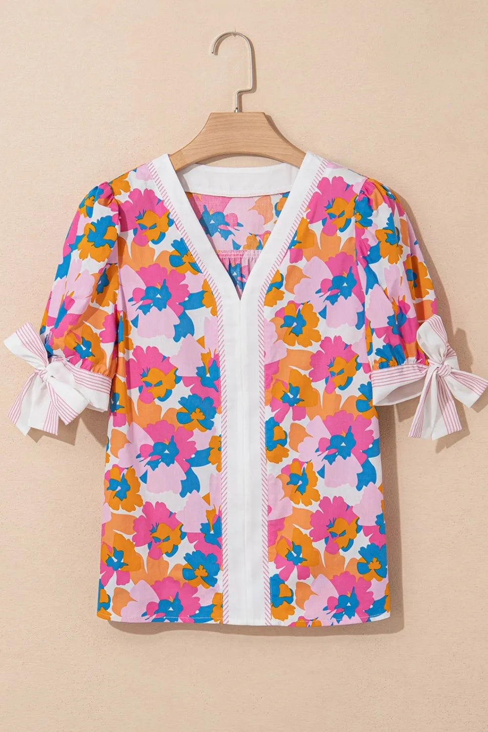 Floral Striped Edge V Neck Knotted Short Sleeve Blouse caf45ff6-c558-423a-a812-a08923b2d016-Max-Origin