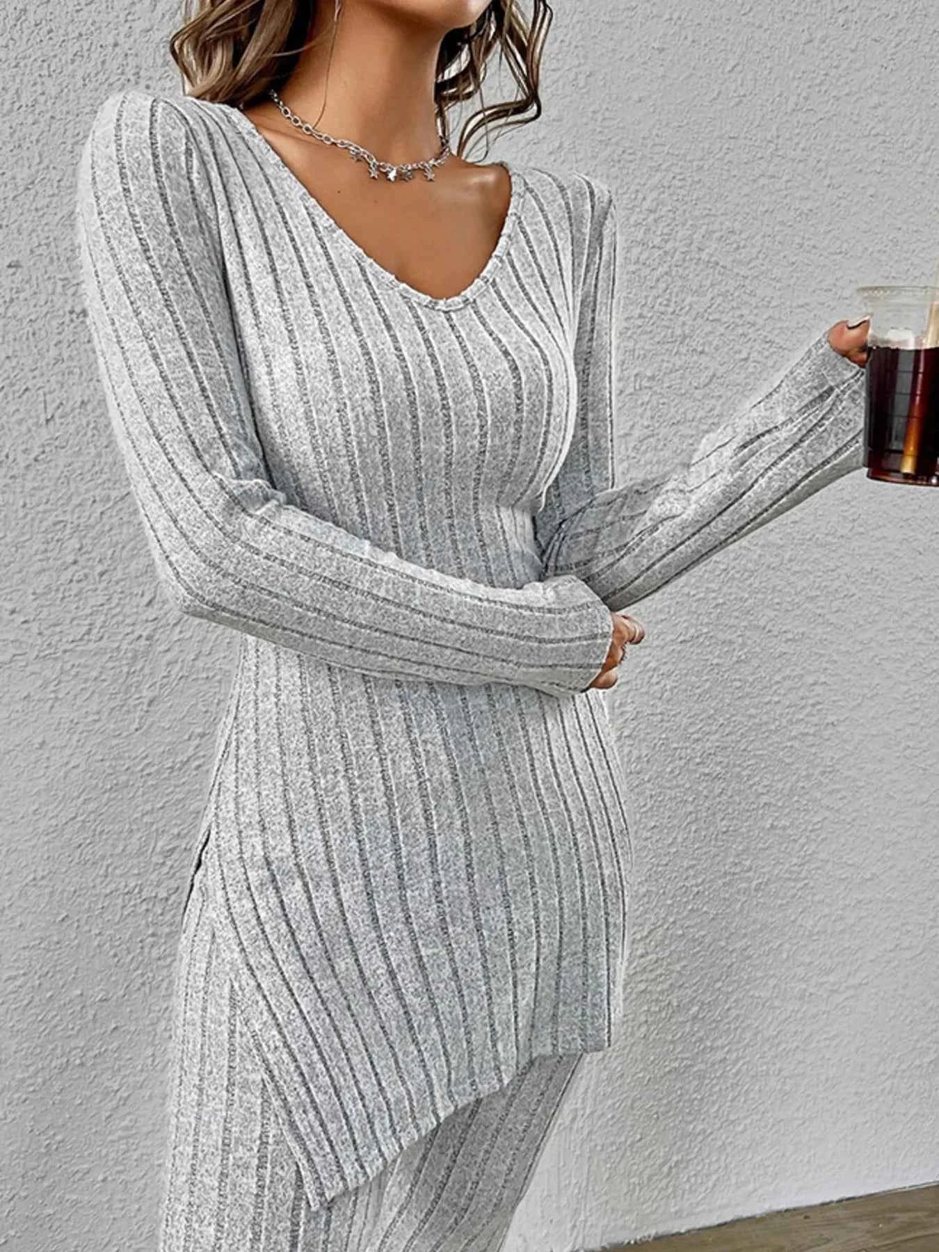 Slit V-Neck Ribbed Top and Pants Set caf843e6de0c4c6fa212576250658797-Max-Origin