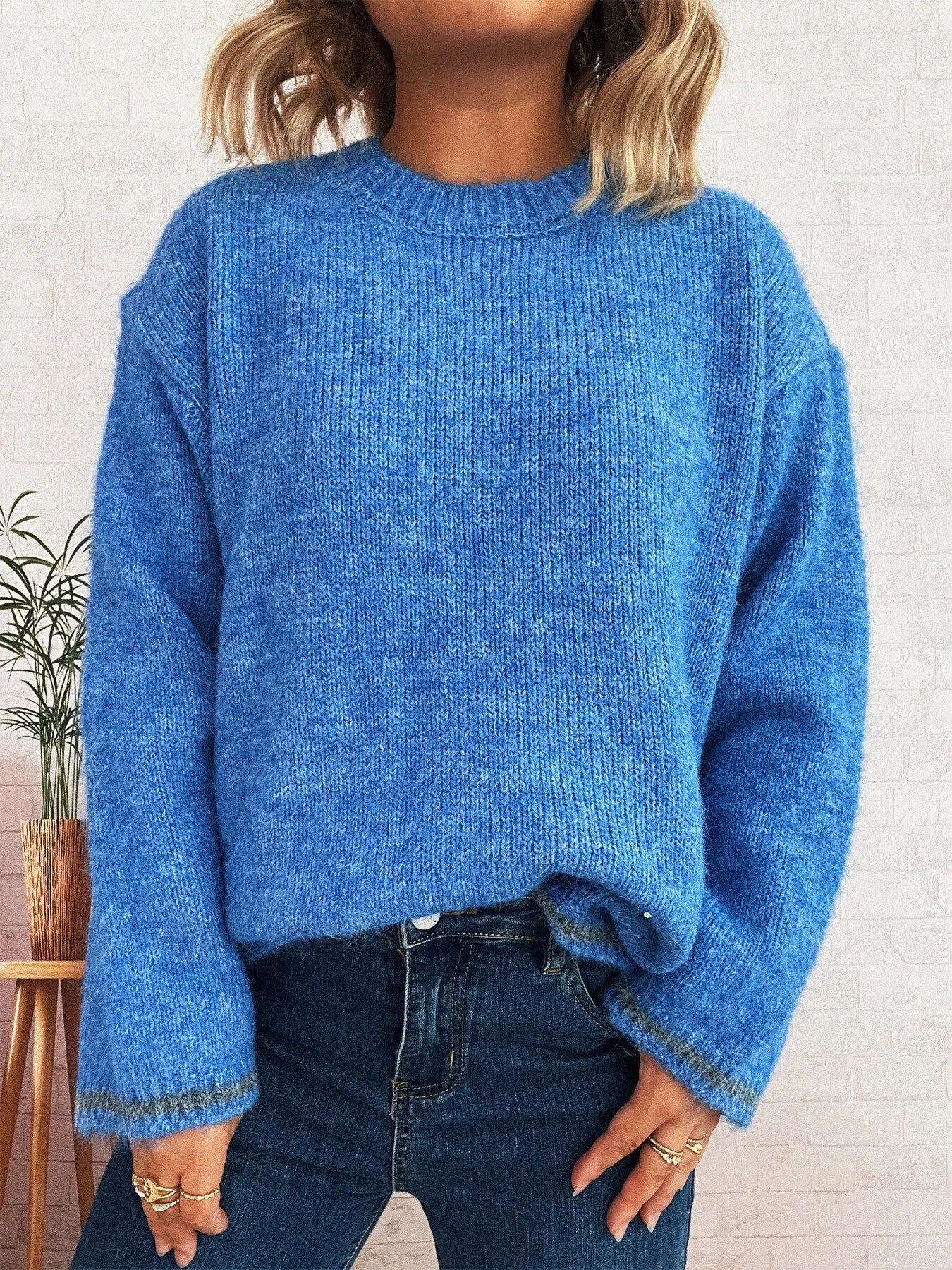 Contrast Trim Round Neck Cozy Sweater Blue One Size cb0508fe8cab45f2b9c3191f0b573eaf-Max-Origin