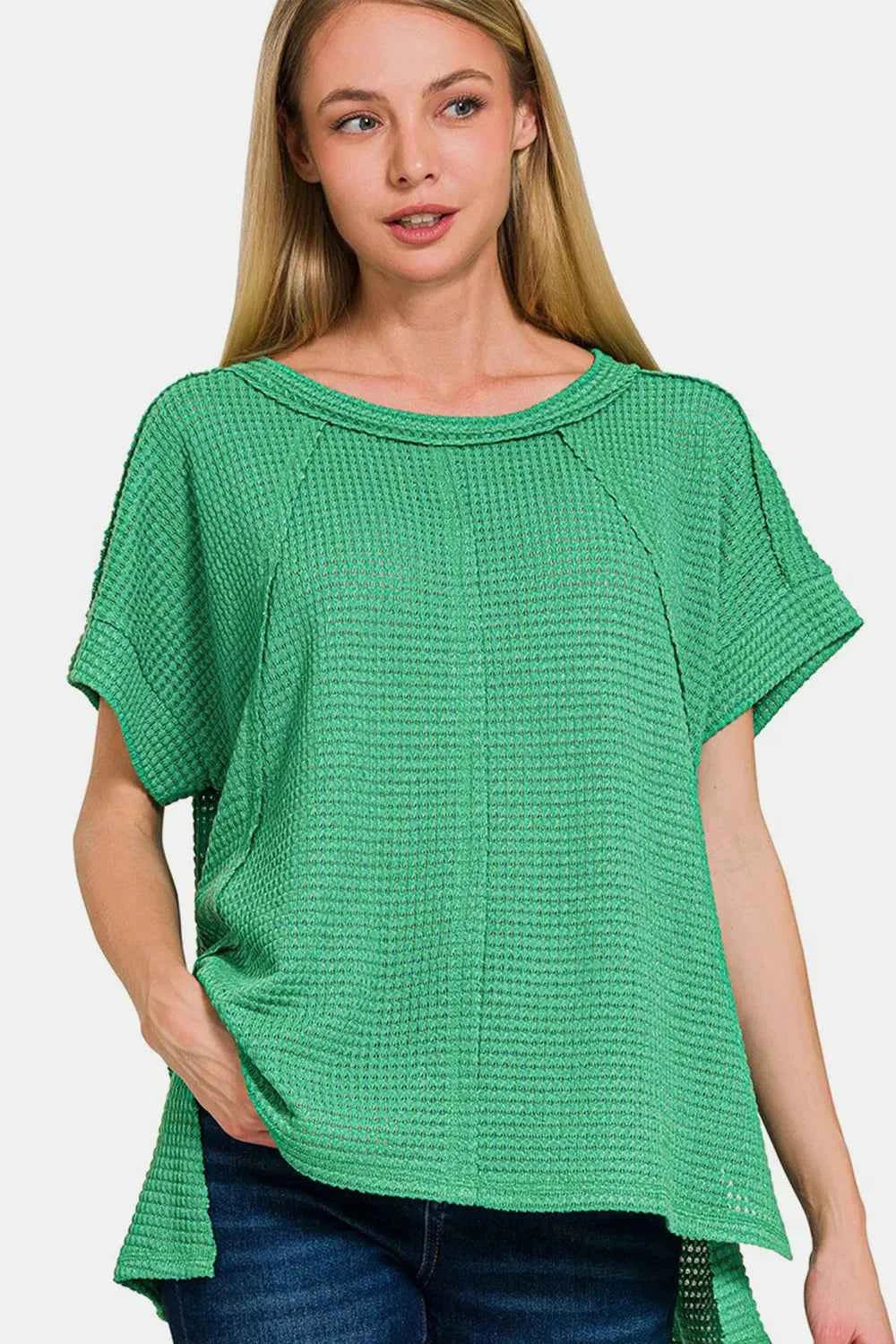 Zenana Waffle Exposed-Seam Short Sleeve T-Shirt K Green cb0984ad-a8b2-4aaf-b108-9f5efb69877f-Max