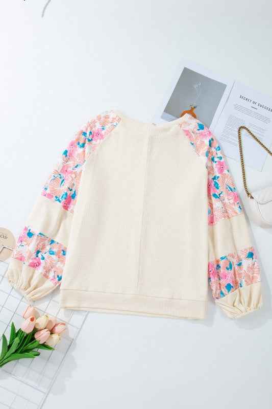 Plus Size Floral Patchwork Sleeve Crewneck Top cb0a485f-5ce9-4706-b76a-e7c66923b970