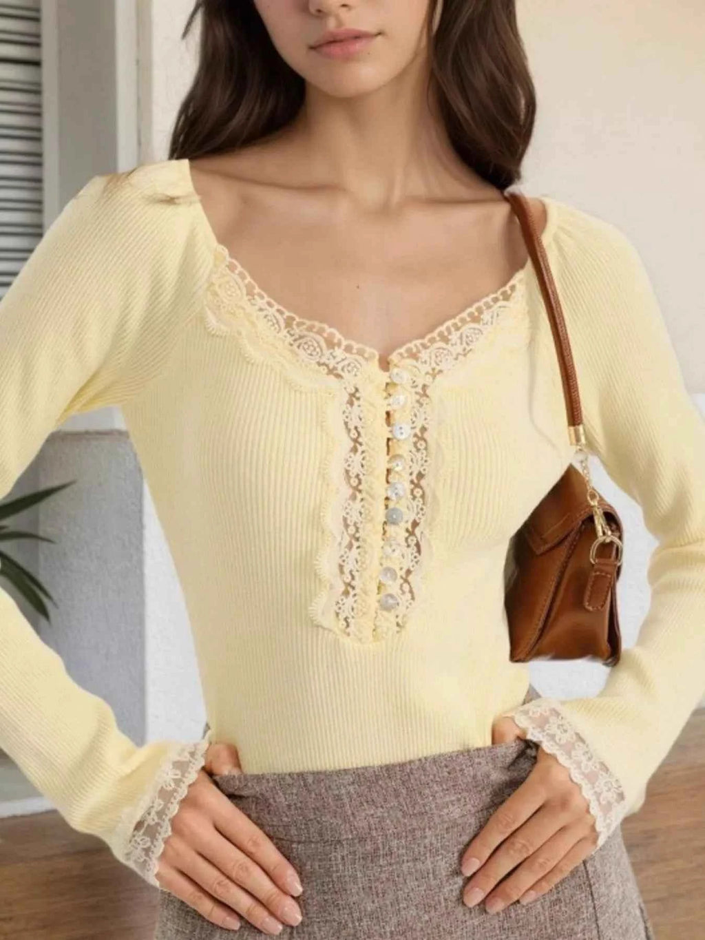 Lace Trim Ribbed Long Sleeve T-Shirt cb11dce3-02a3-4002-aca9-5ab5e9a1c266-Max-Origin