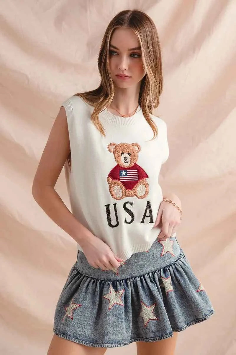 SO ME Teddy Bear Wearing An American Flag With Usa Embroidered Sweater Vest IVORY cb1793c793764f10a82e362cc436e147-Max-Origin