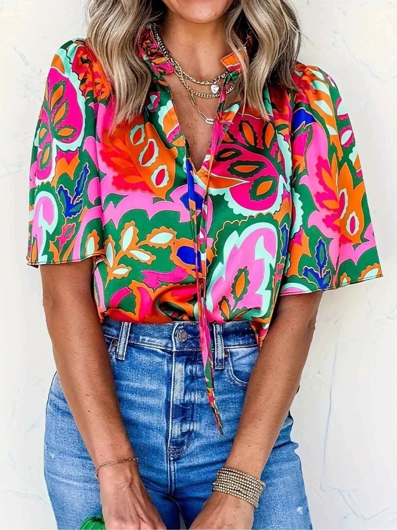 Printed Tie Neck Short Sleeve Blouse cb17a4b2ccdc456bbff9ad9ad26397c2-Max-Origin