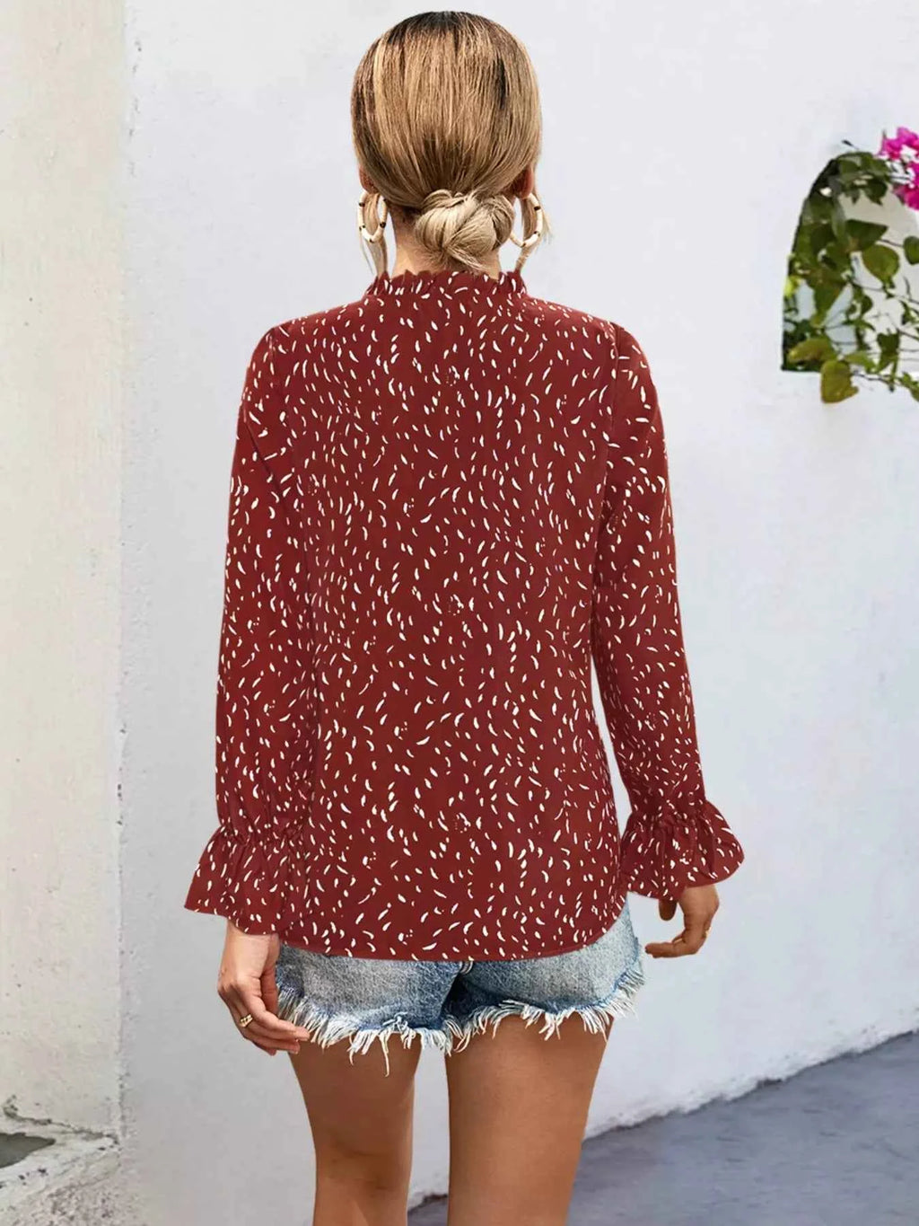 Ruffled Printed Tie Neck Long Sleeve Blouse cb4c3b36-13f2-4d57-bec5-295ef2511eec-Max-Origin