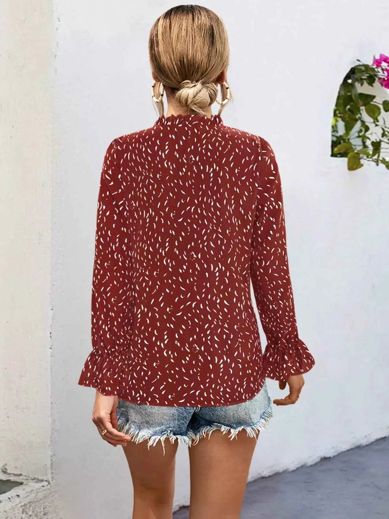 Ruffled Printed Tie Neck Long Sleeve Blouse cb4c3b36-13f2-4d57-bec5-295ef2511eec-Max-Origin