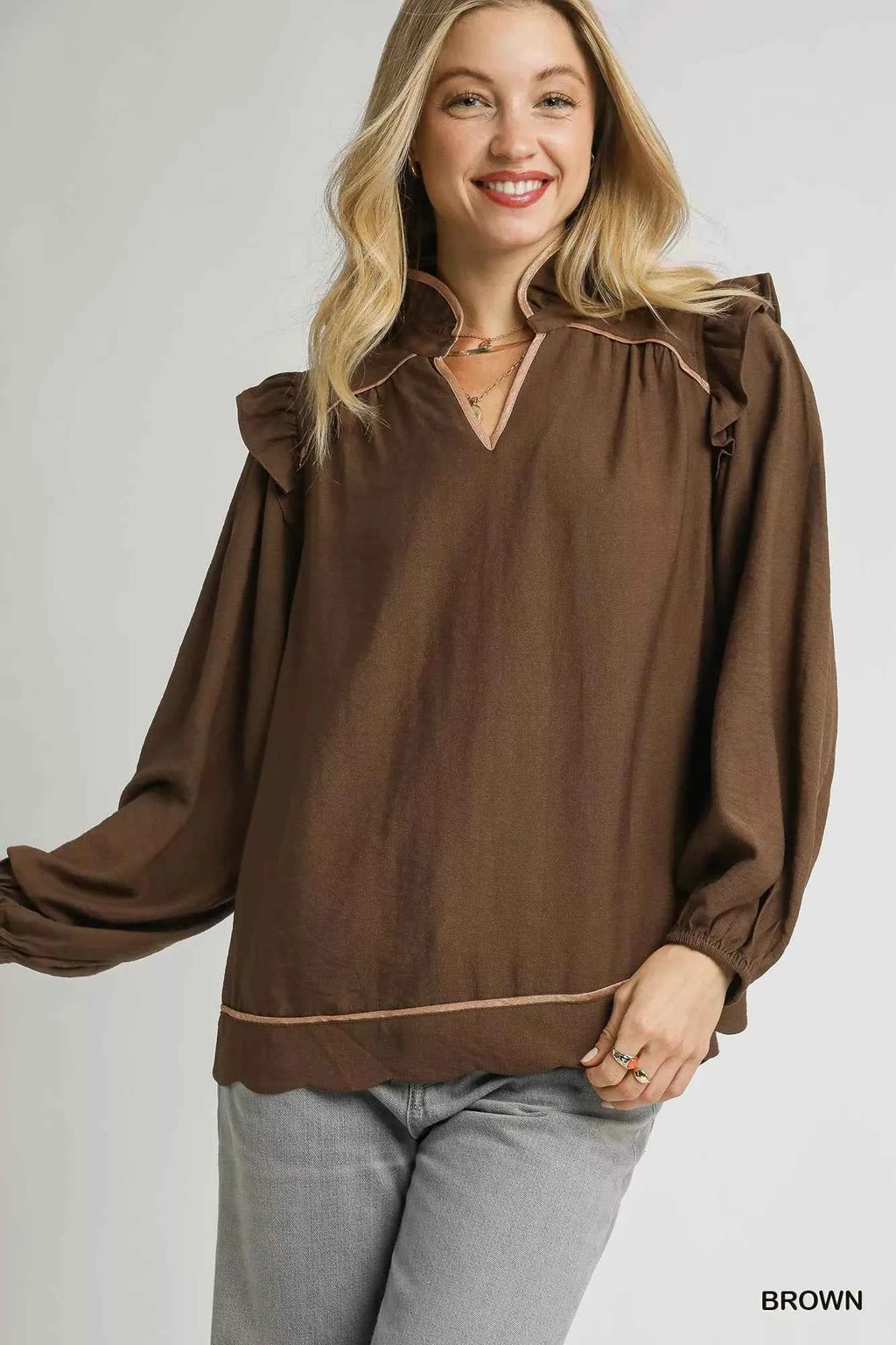 Umgee Ruffle Shoulder Long Sleeve Blouse Brown cb4f4b0a-7b25-4fff-a365-581764ad9691-Max-Origin