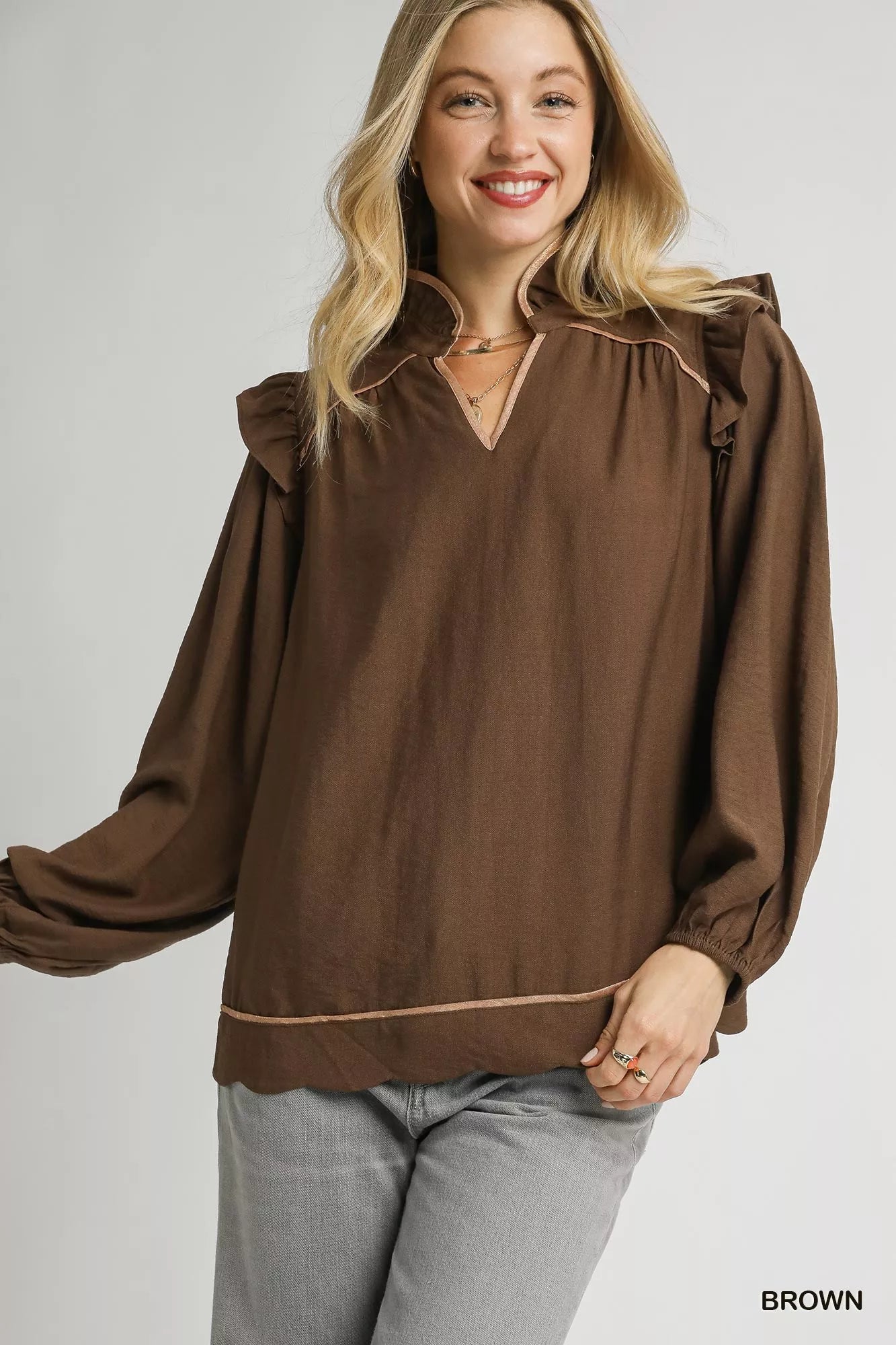 Umgee Ruffle Shoulder Long Sleeve Blouse Brown cb4f4b0a-7b25-4fff-a365-581764ad9691-Max-Origin