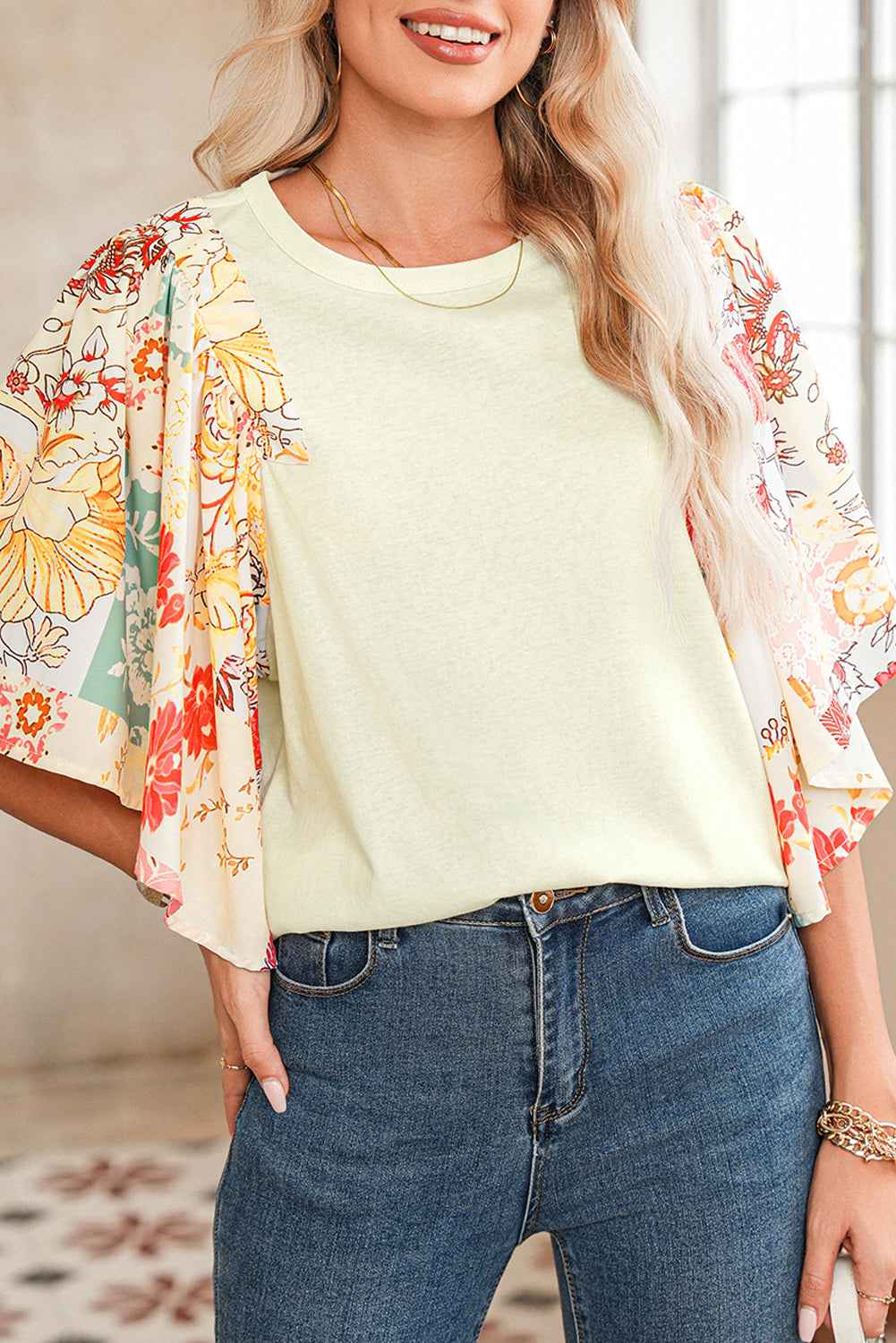 Beige Floral Patchwork Batwing Sleeve Blouse Beige cb51de74a86e2c3d