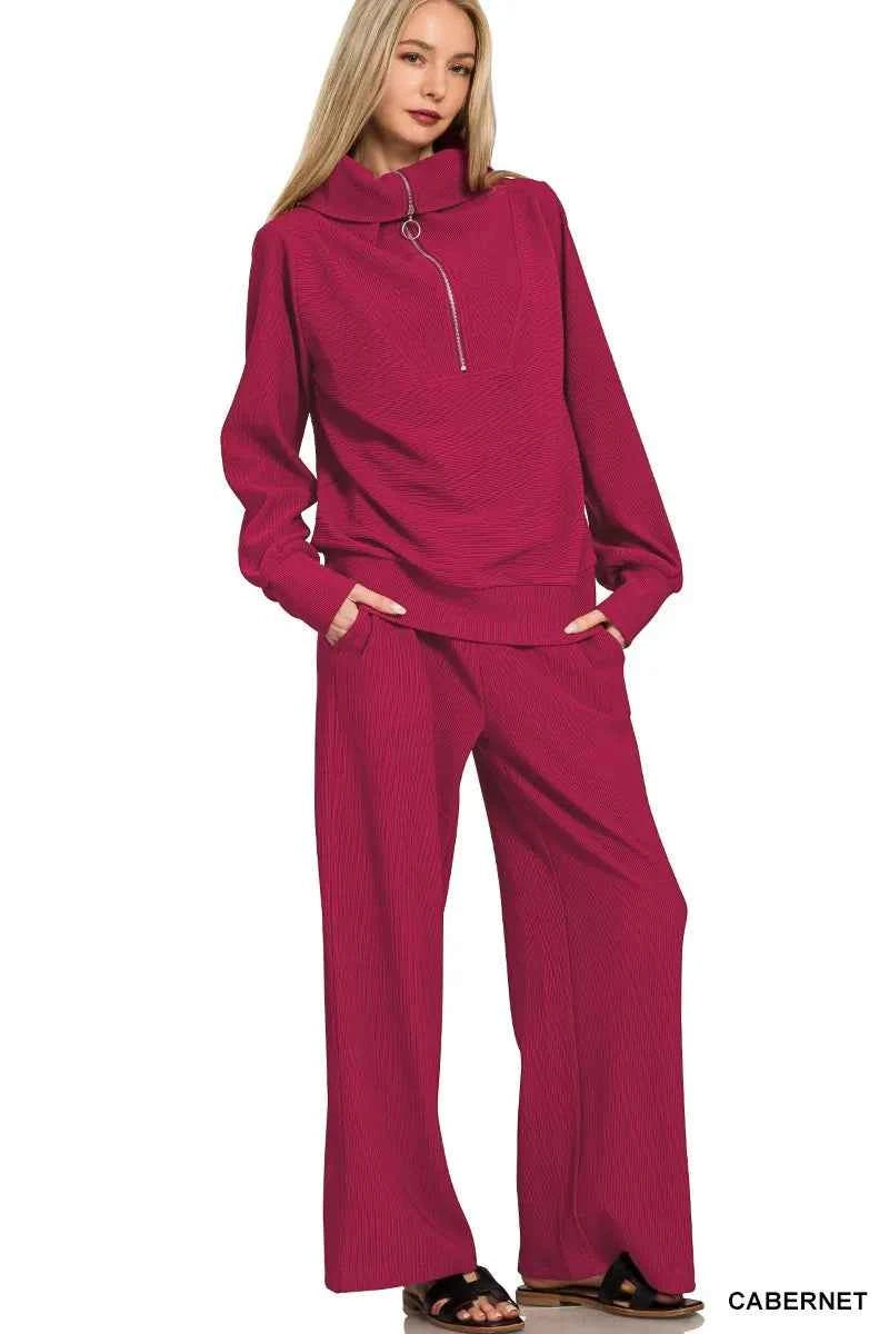 Zenana Ribbed High Neck Half Zip Pullover & Pants Set cb53520a476a48a0bf8829a0bf266b68-Max-Origin