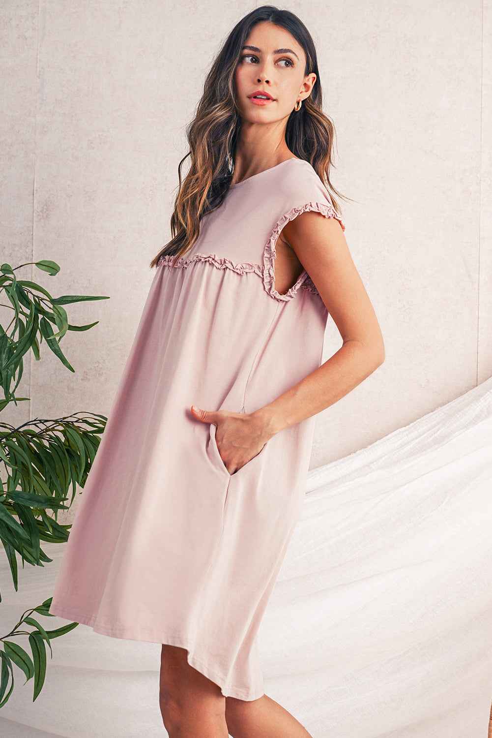 Mint Green Frilled Trim Crewneck Loose Fit Mini Dress cb712f1e214d1283