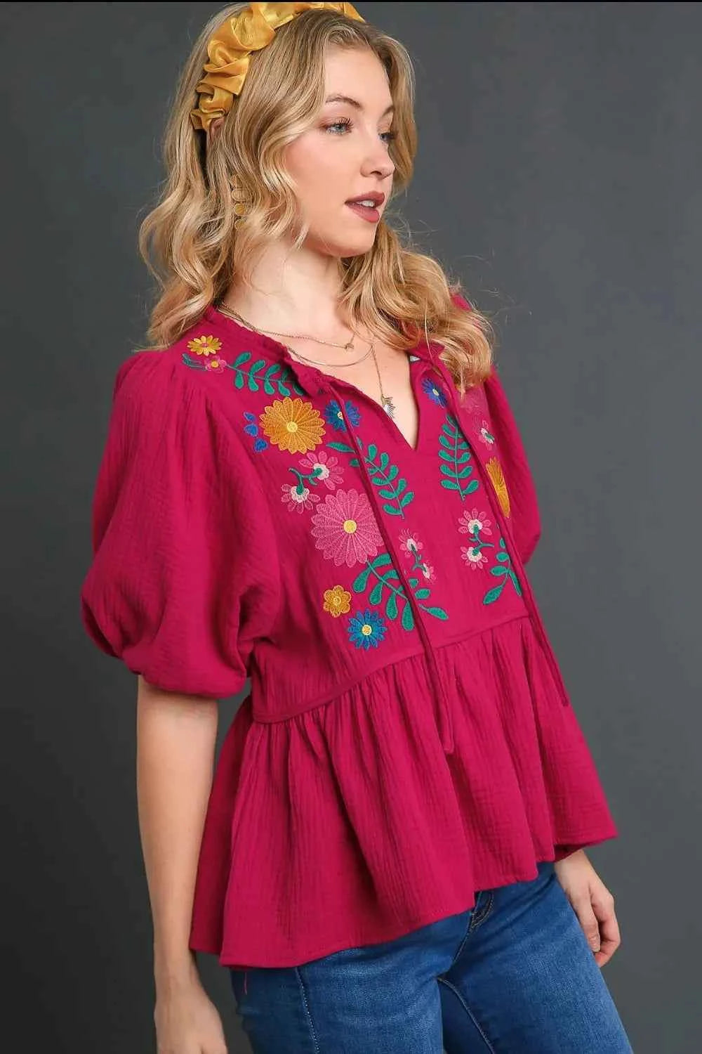 Umgee Full Size Cotton Gauze Floral Embroidery Babydoll Blouse Plus Size cb72c682-22fc-4850-9f78-c981a910c0de-Max