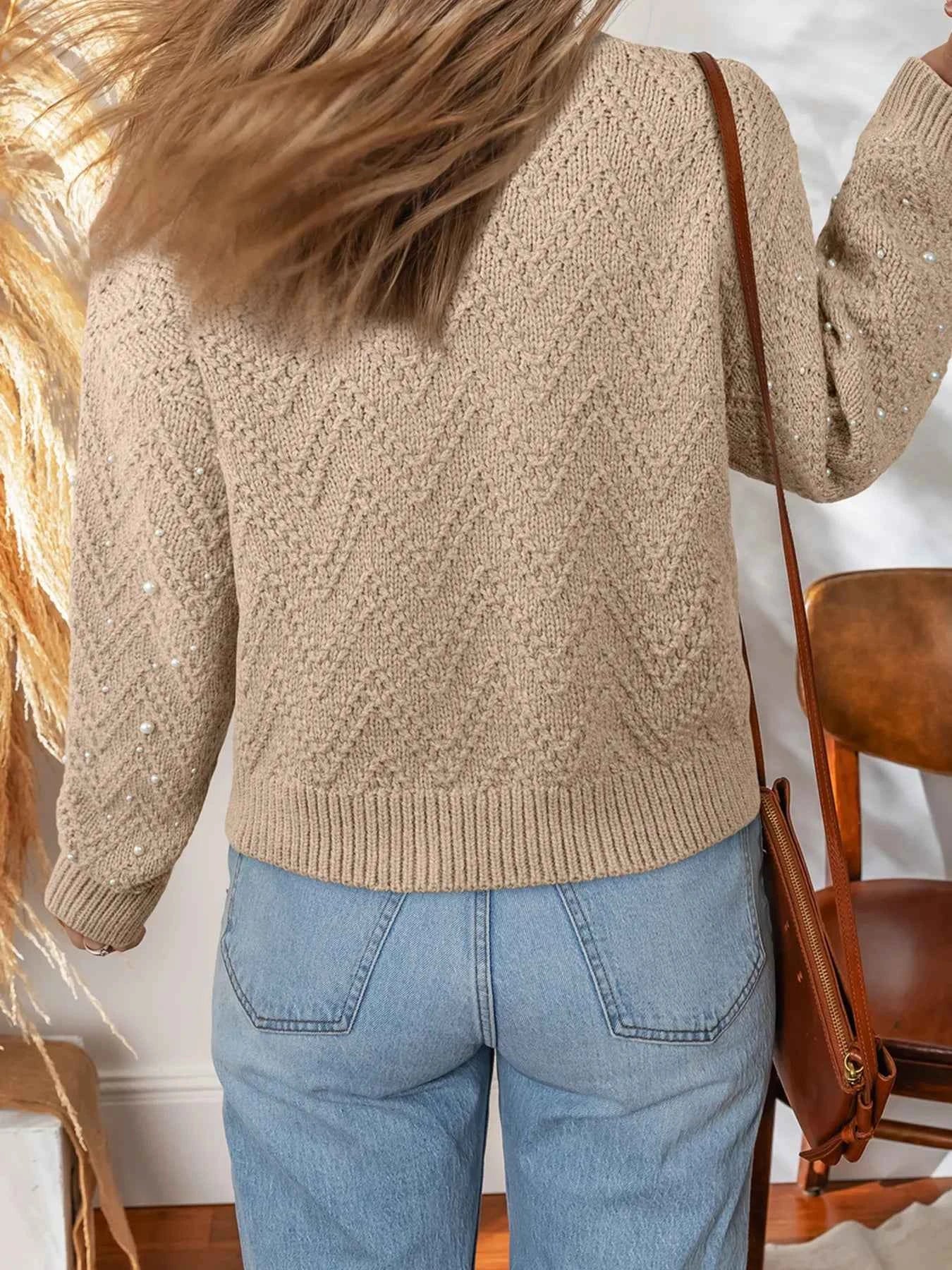 Pearl Embellished Button Front V Neck Sweater Cardigan cb7be835760e4153b475546416253dcf-Max-Origin