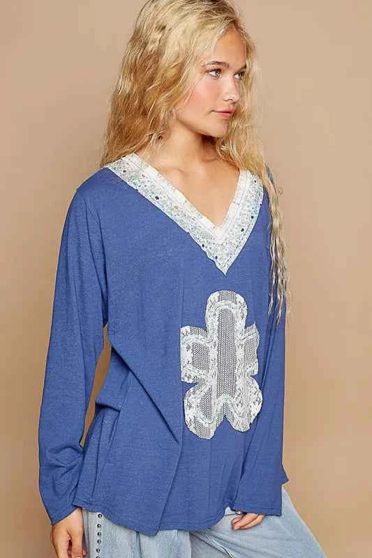 POL Lace Flower Patch Long Sleeve T-Shirt cb7f70e1-dc5d-4dbc-bf4c-6a3960614b8f-Max-Origin