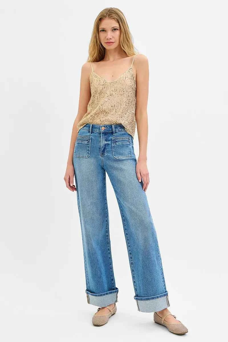 RISEN Full Size Elastic Band Mid Rise Wide Front Patch Pocket Cuff Jeans Plus Size cb96adee272444b1a6d05930aa196fe1-Max-Origin