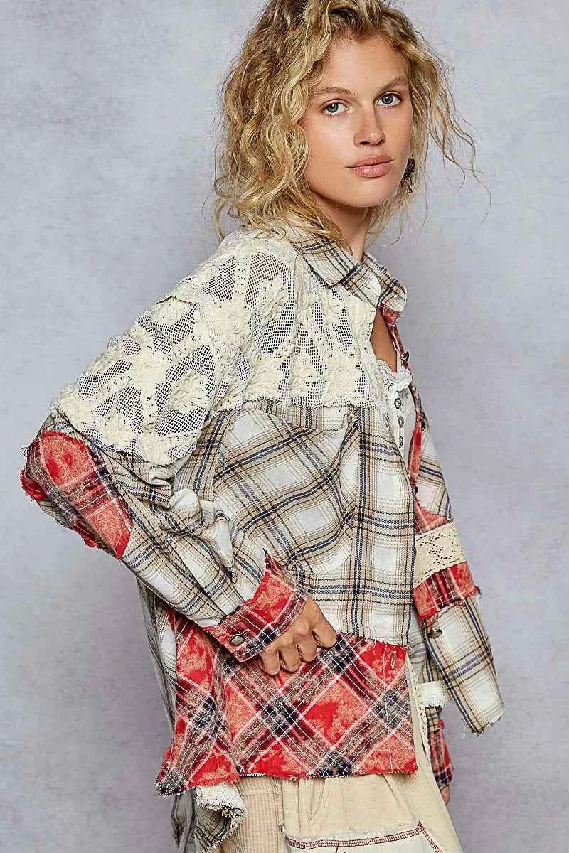 POL Lace Patchwork Plaid Oversized Shirt cb9bf456-a0d8-4f8c-8293-63b7fef836f5-Max-Origin