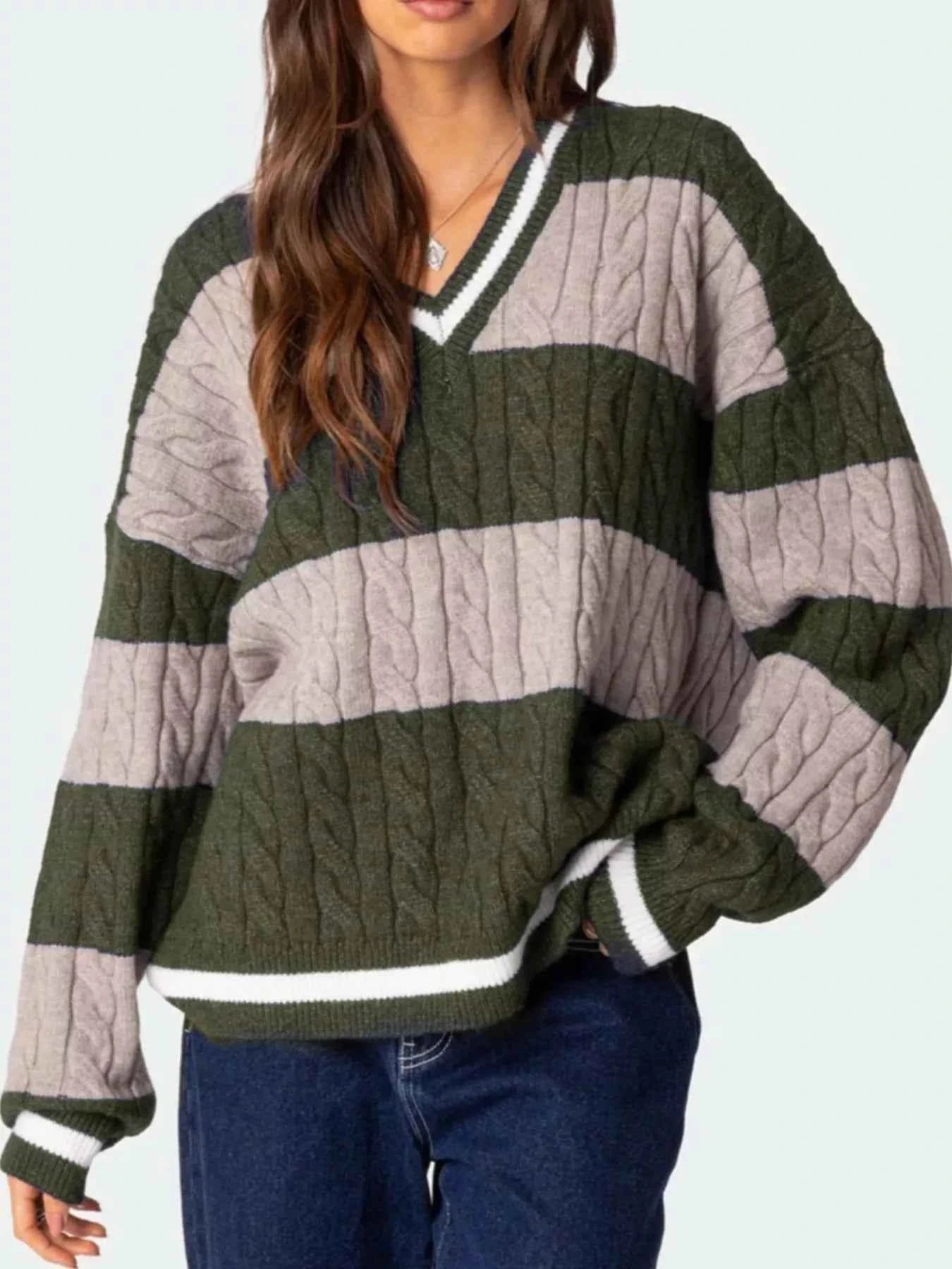 Striped Cable Knit V-Neck Sweater Army Green cbb6761c-19b8-44e3-9abd-b605fed65113-Max-Origin