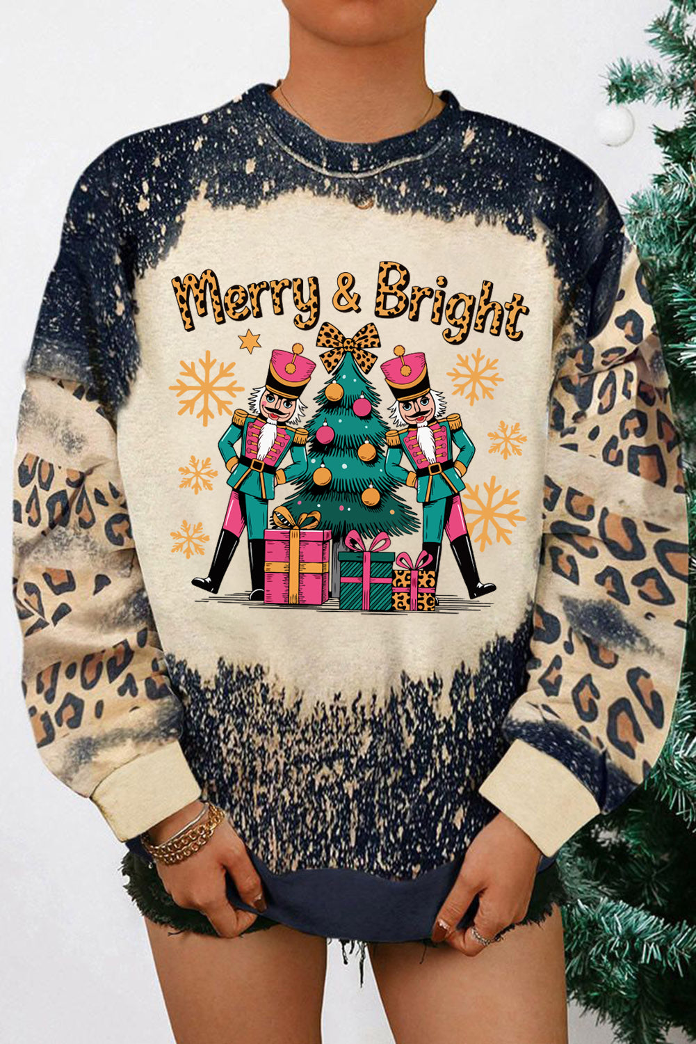 Black Merry&Bright Christmas Nutcracker Heat Transfer Printing Leopard Tie Dye Bleached Baggy Sweatshirt Black 95%Polyester+5%Elastane cbb7024bc8b21b7d