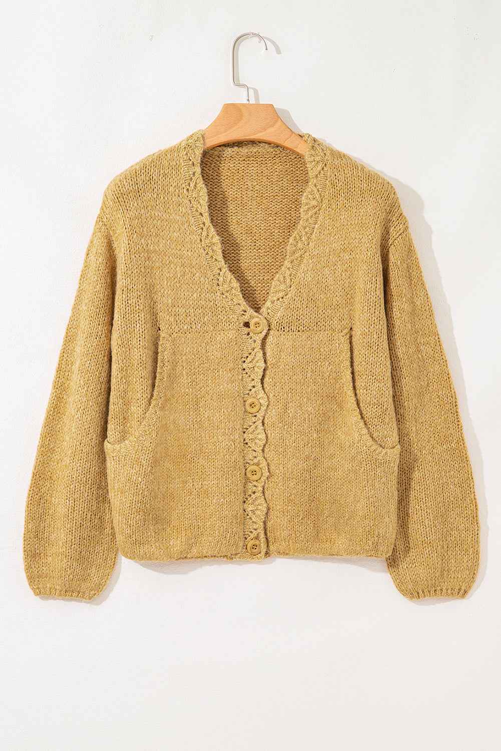 Light French Beige Lantern Sleeve Scallop V Neck Buttoned Front Cardigan cbbbc1138bb3d8c0