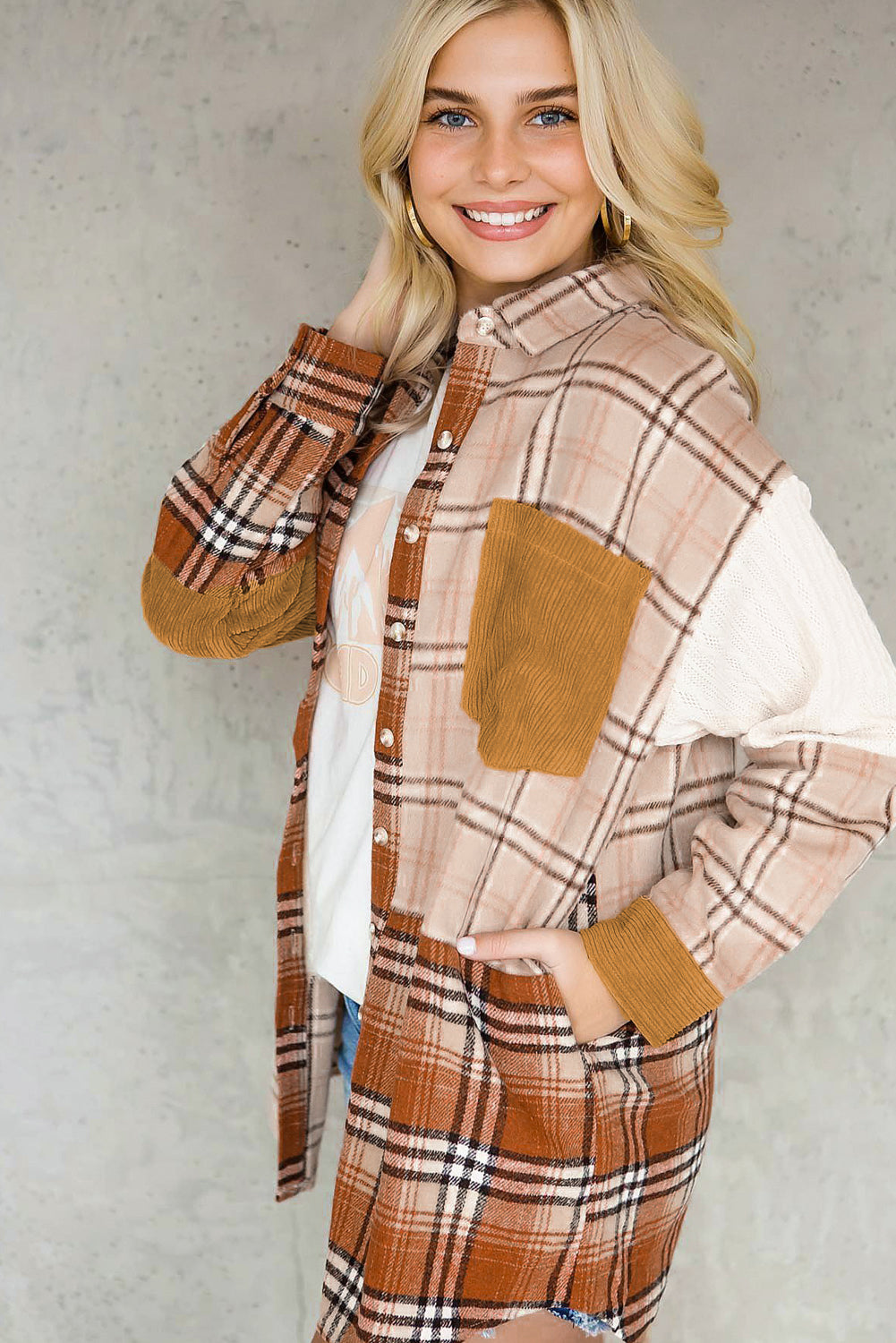 Orange Plaid Color Block Patchwork Pocket Shirt Shacket cbbfe20fa69e13af