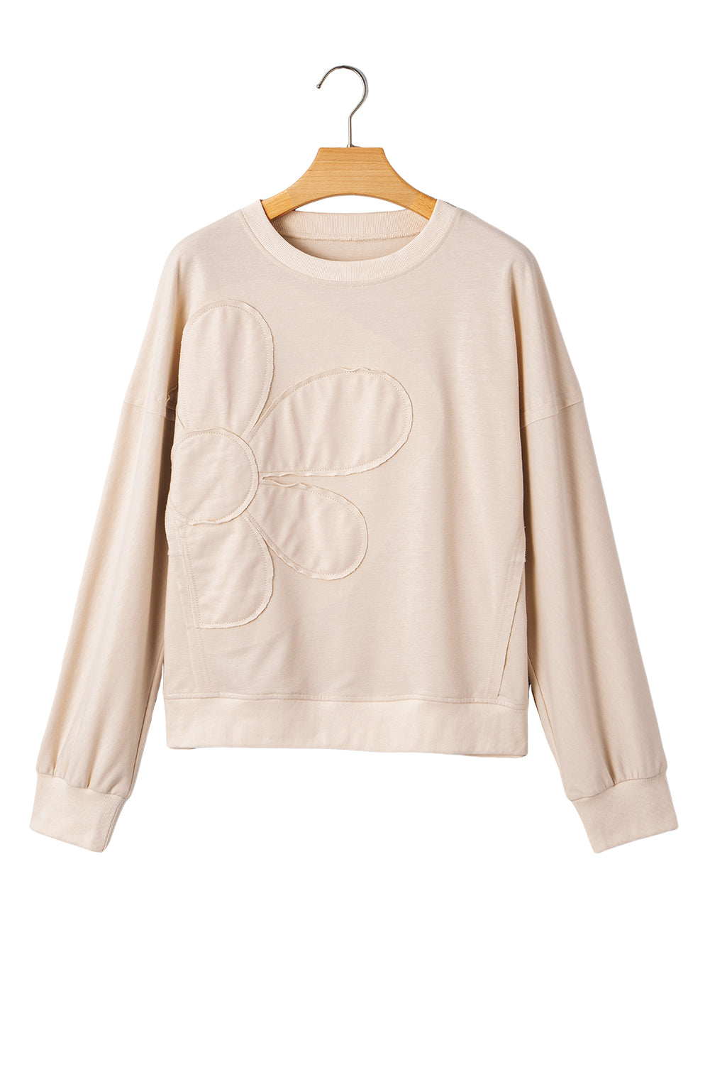 Smoke Green Raw Edge Flower Patch Drop Shoulder Long Sleeve Top Beige 75%Polyester+20%Cotton+5%Elastane cbc1a010e9d572af
