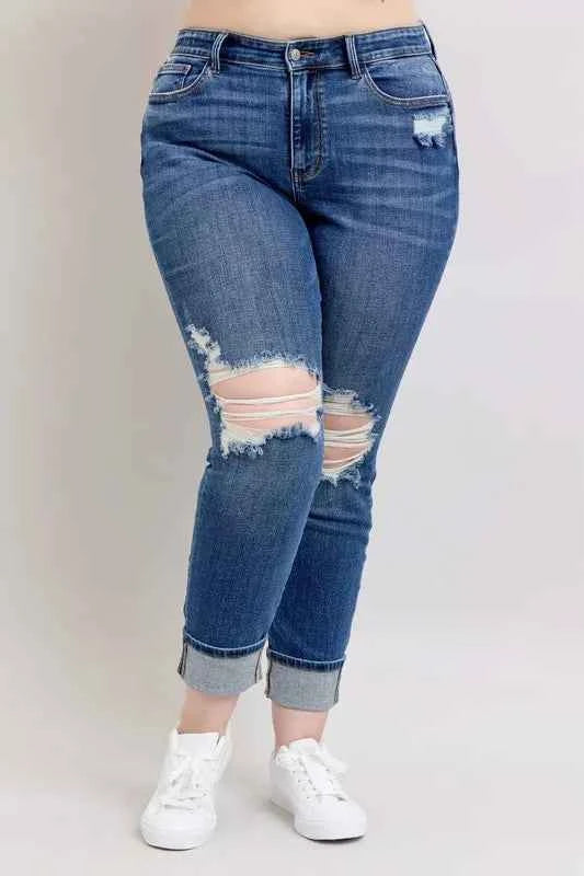 Judy Blue Full Size Mid Rise Boyfriend destroy Jeans with Yoke Pockets and Faux Selvedge Cuff Plus Size cbcc9096-d310-46da-9cff-74fe72890e25-Max-Origin