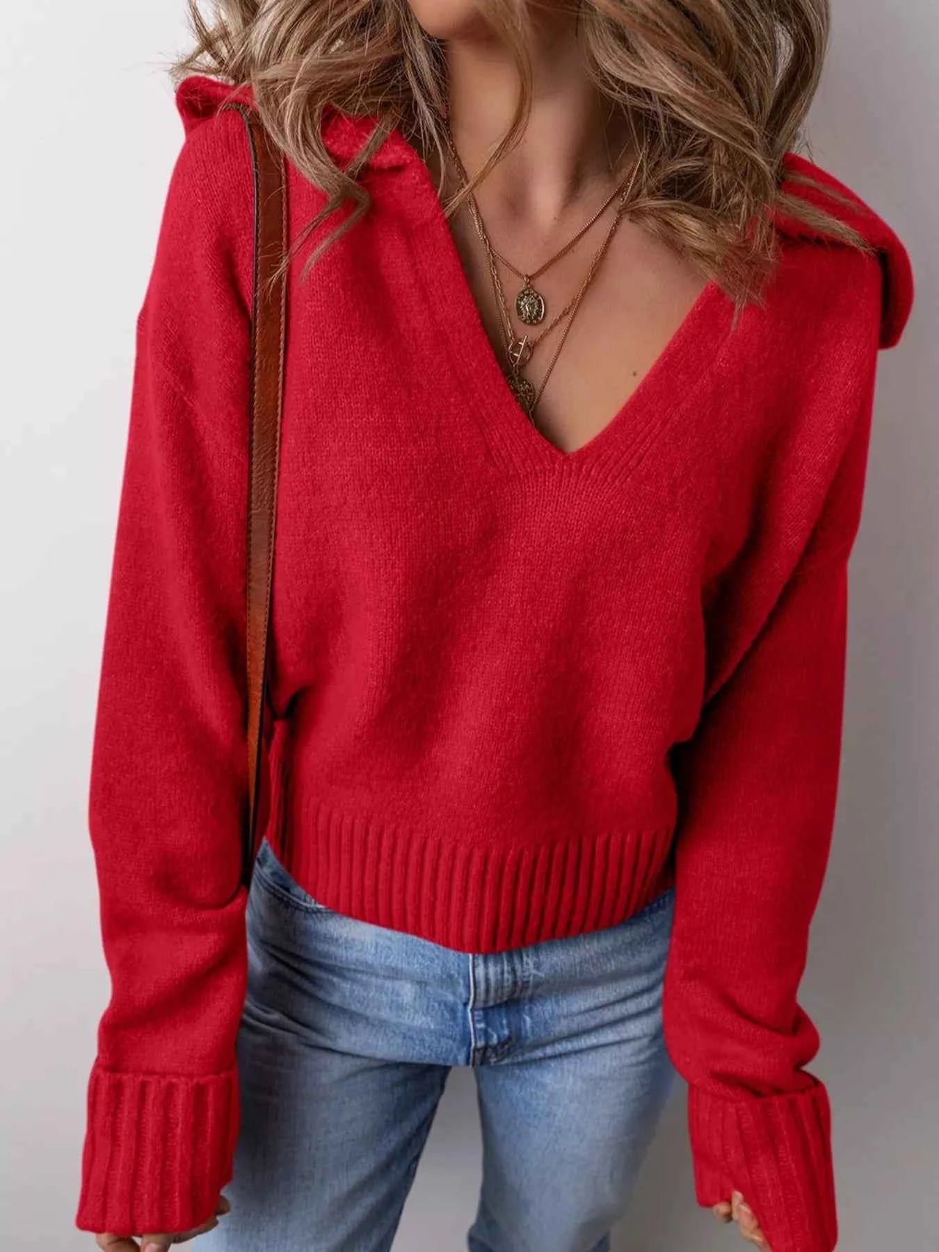 Collared V Neck Ribbed Edge Sweater Deep Red cbe3692c-1458-49e9-a9ce-732db3b5ad9b-Max-Origin