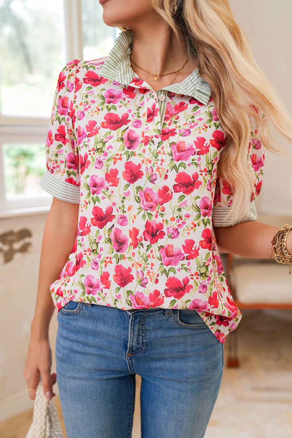 Sky Blue Floral Print Striped Patchwork Collared Blouse cbec8b0463f43a05