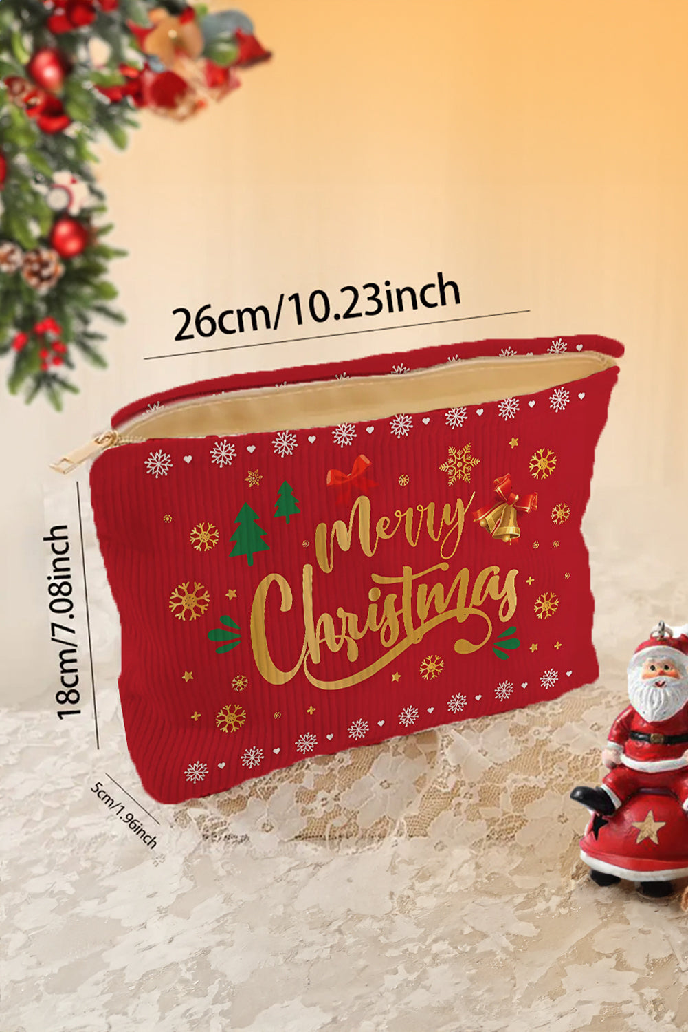 Pink Christmas Santa Claus Corduroy Zip Up Cosmetic Bag