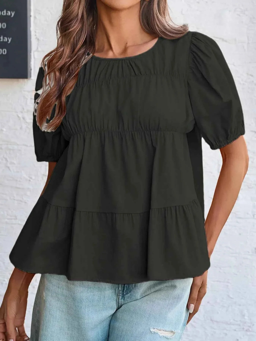 Round Neck Puff Sleeve Tiered Blouse cc170efa-608b-4b12-9450-7b259910f3d5-Max-Origin
