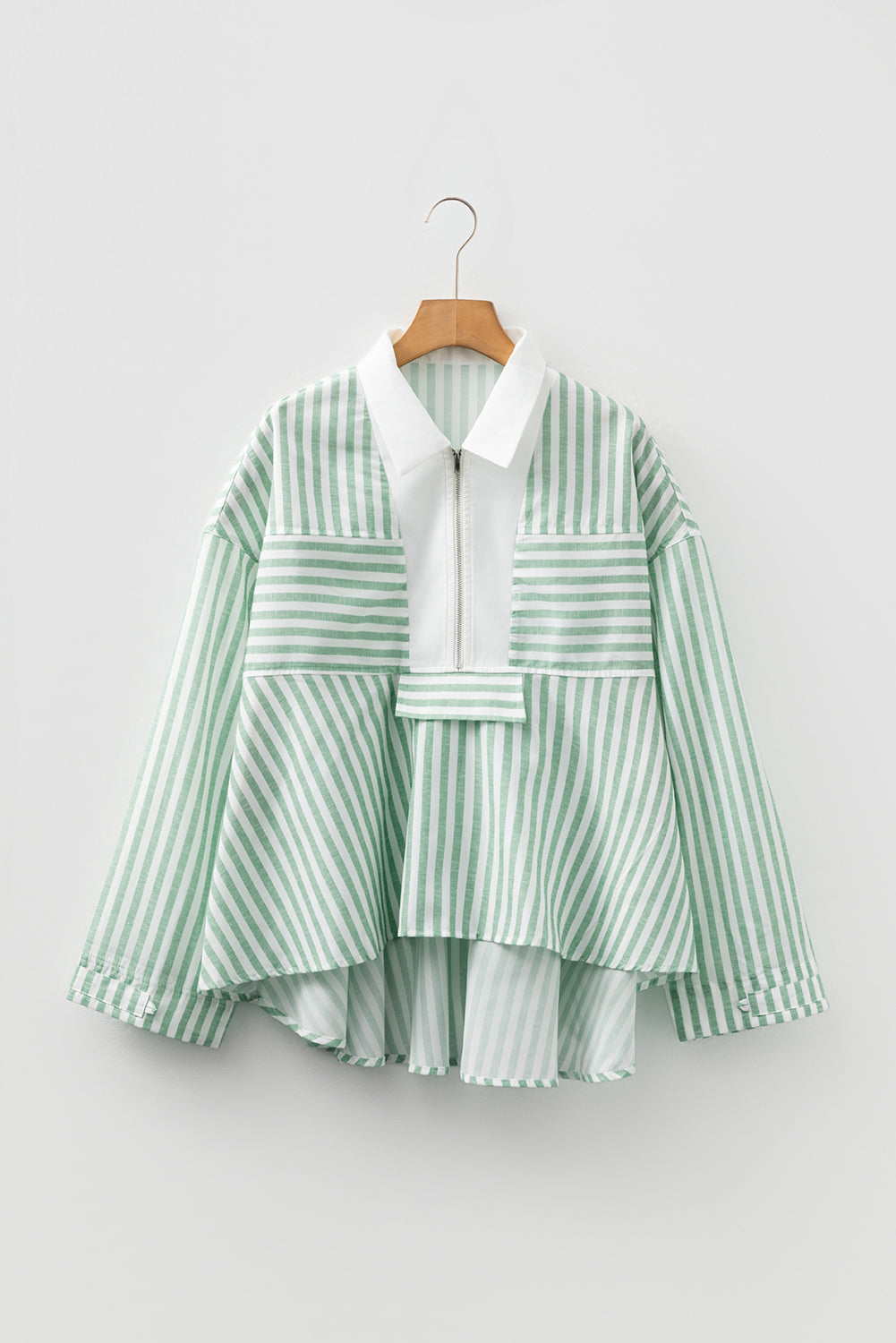 Green Striped Zipper Collar Long Sleeve Top cc3c7deb82a0ebd2