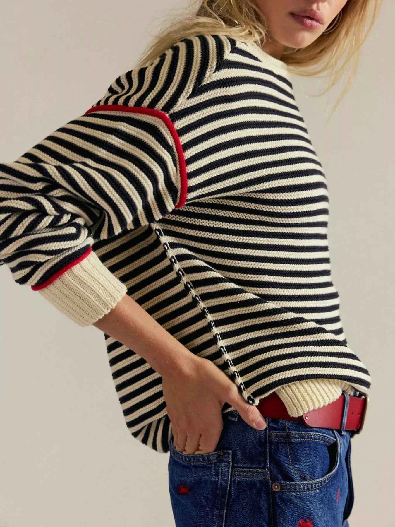 Striped Round Neck Long Sleeve Sweater Navy Blue cc448f9e-289c-4eaf-b2c1-e3a27b85b1c1-Max-Origin