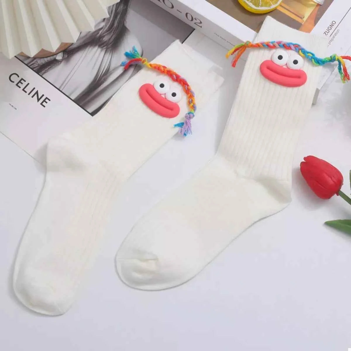 Cartoon Ribbed Knit Crew Socks White C One Size cc596abf-a6bf-45dc-87a8-08c5de688a2b-Max-Origin