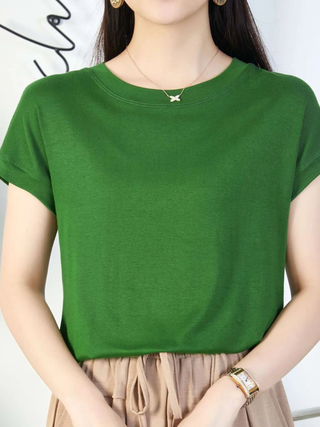 Round Neck Short Sleeve T-Shirt Dark Green cc630c73-aea0-483f-bf60-a8e69681c7a4-Max-Origin