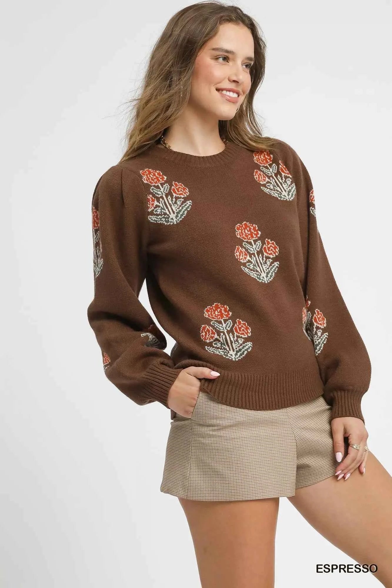 Umgee Floral Knit Sweater with Puff Sleeves cc671a50-88ae-4848-9bd9-5c6cb2c39882-Max-Origin