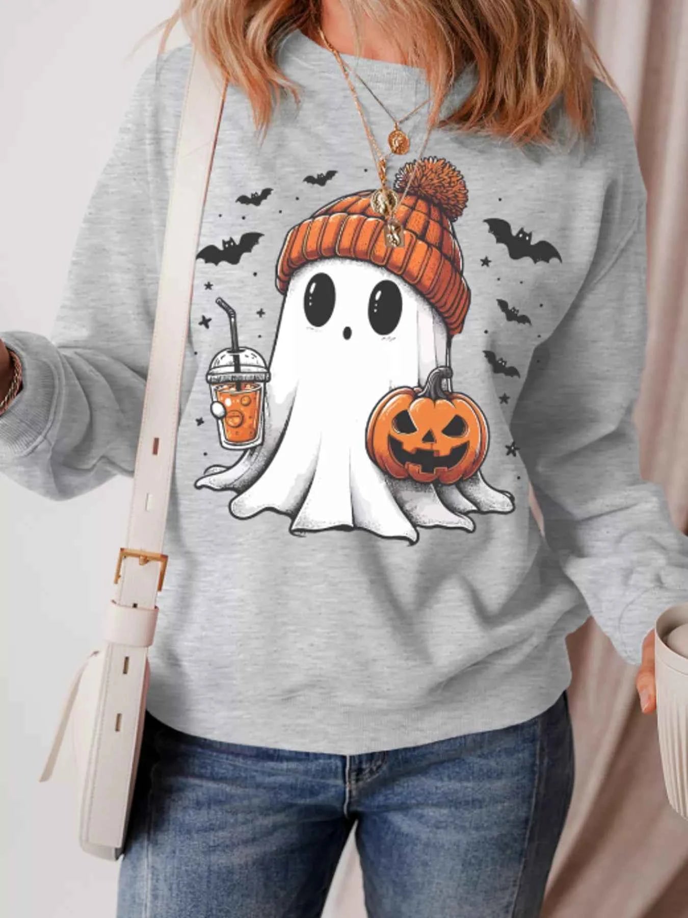 Halloween Ghost Round Neck Sweatshirt cc715cb604144b9d8f81400f2f3c1b8c-Max-Origin