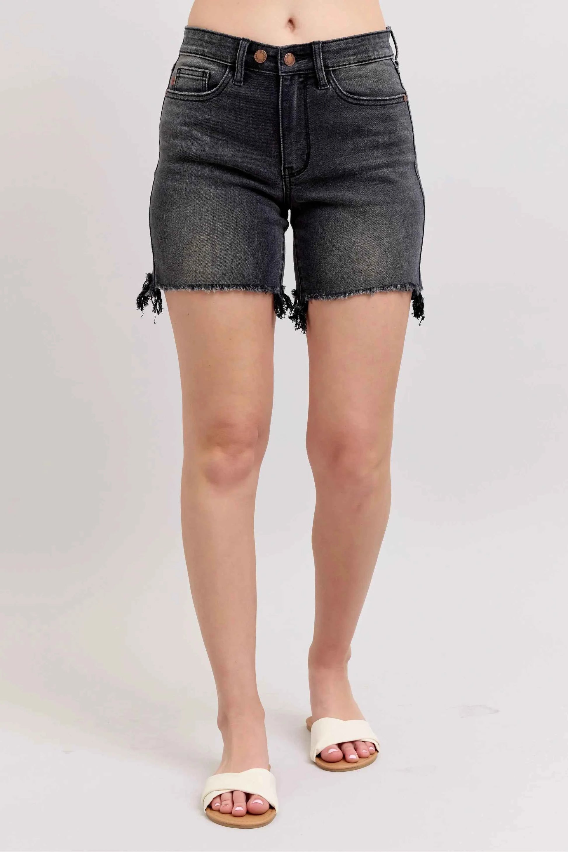 Judy Blue Full Size Long Cut Off 2 Button Dad Denim Shorts Plus Size