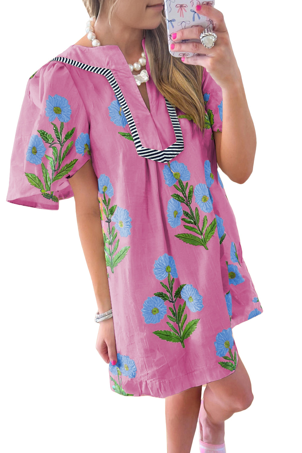 Blue Striped Trim Short Sleeve Split Neck Floral Mini Dress cc7a565f79888a7e