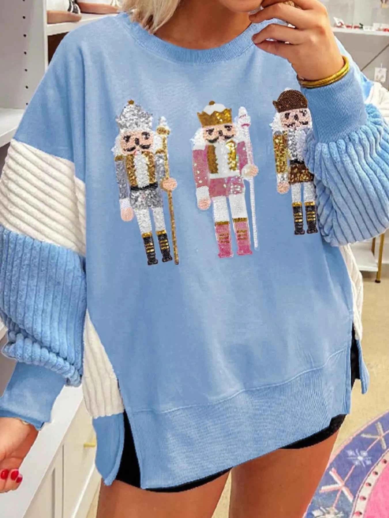 Christmas Sequin Nutcracker Textured Sleeve Patchwork Color Block Sweatshirt Light Blue cc7e36adfd964b95a49361aaef462c04-Max-Origin