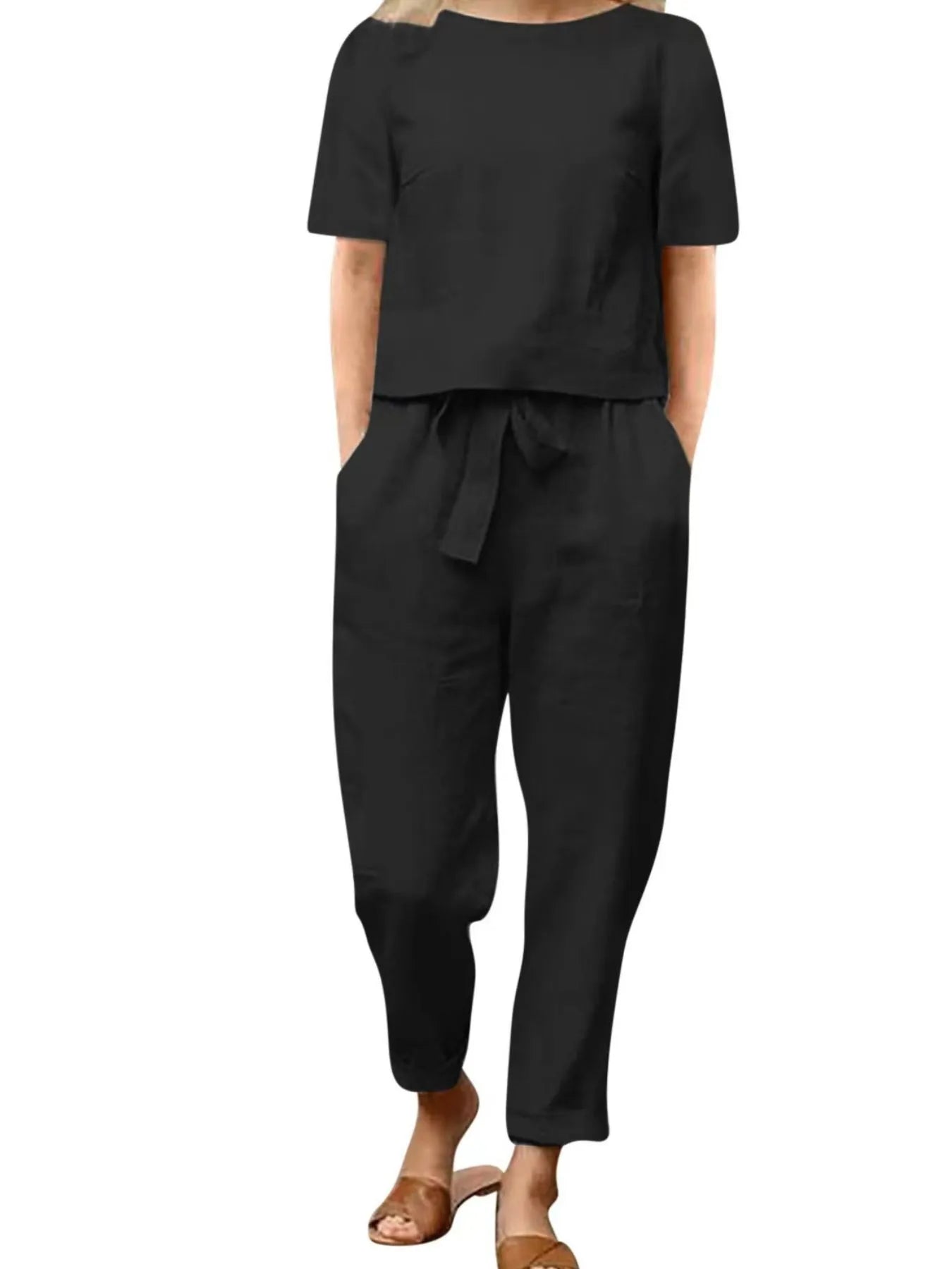 Full Size Round Neck Short Sleeve Top and Pants Set Plus Size Black cc8c6f44-35c0-47d8-b080-680b678af0ab-Max-Origin