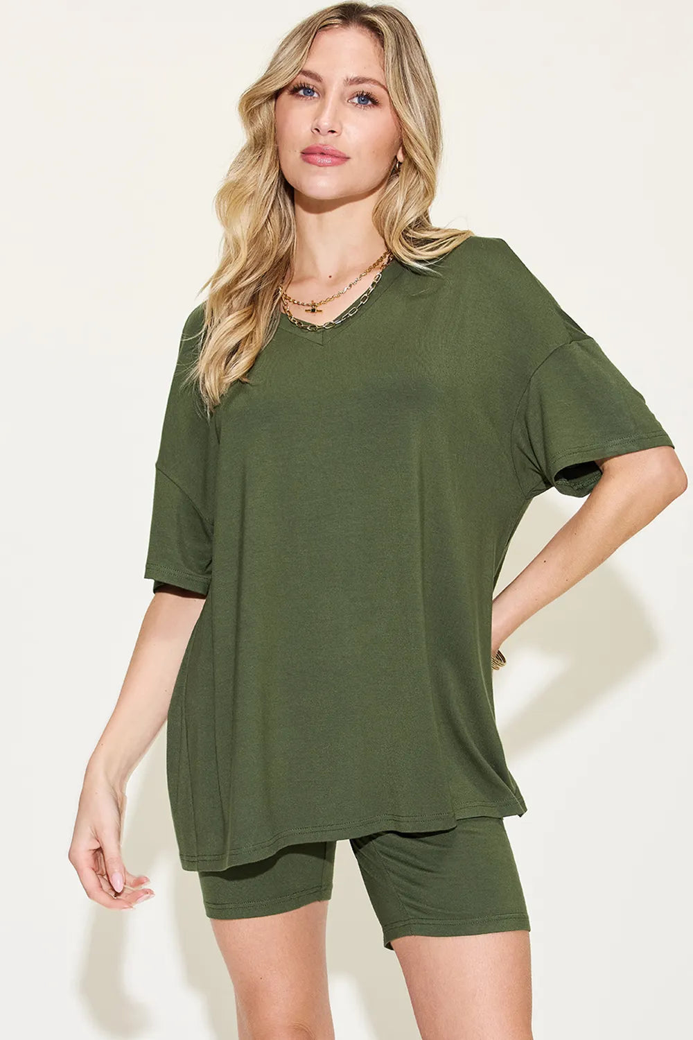 Basic Bae Full Size V-Neck Drop Shoulder T-Shirt and Shorts Set Matcha Green ccc70cfd-117a-4588-9c2b-c585d97b1b1b-Max