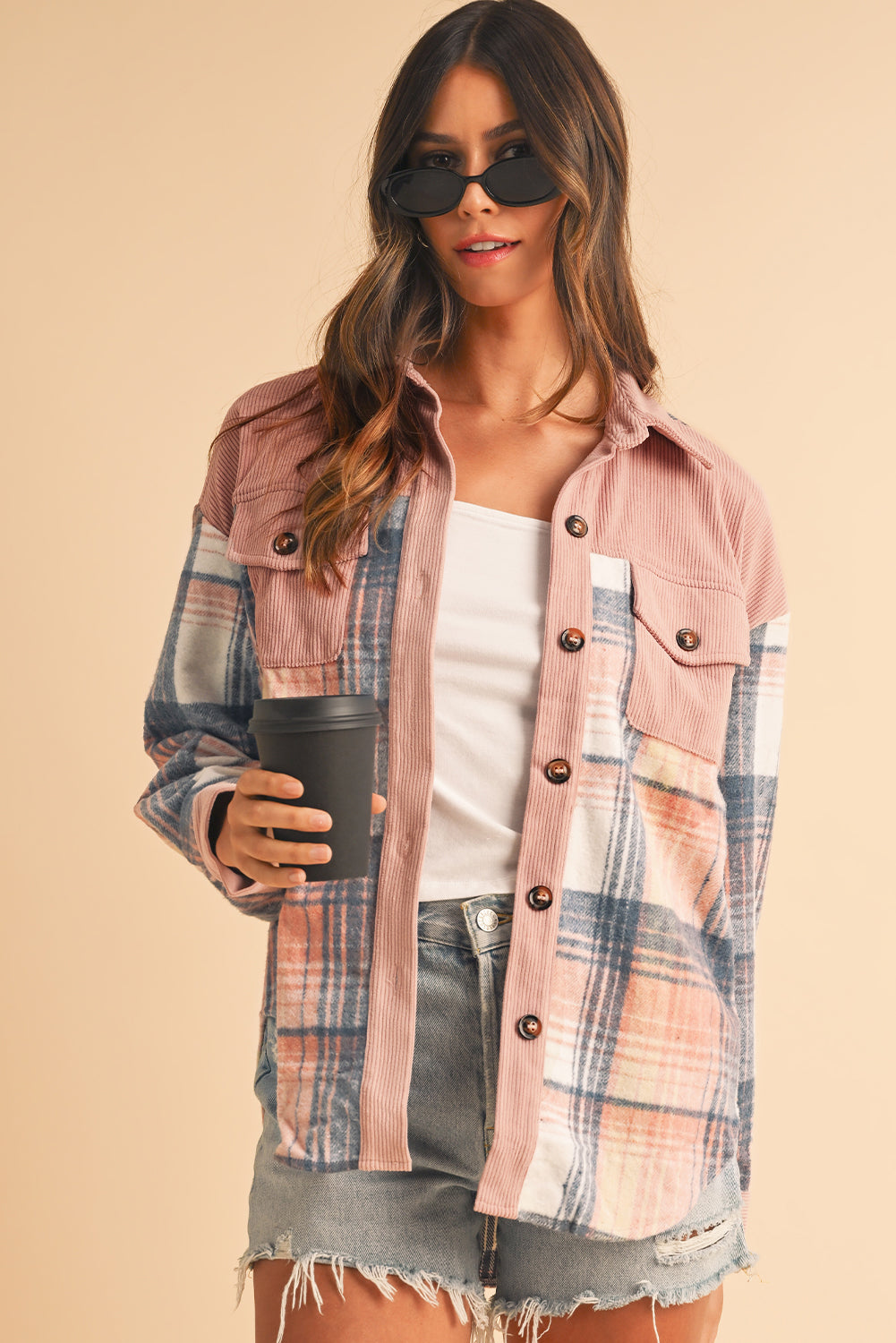 Cinnamon Plaid Corduroy Patchwork Pocket Loose Shacket ccd0e9d03241834d