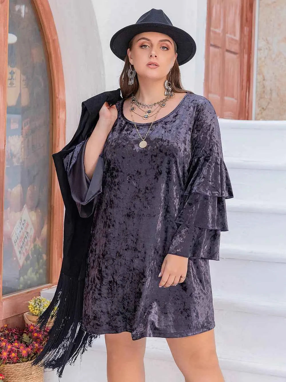 Plus Size Round Neck Flounce Sleeve Mini Dress ccdcbcae-c4b4-4017-9d25-fc174196e209-Max