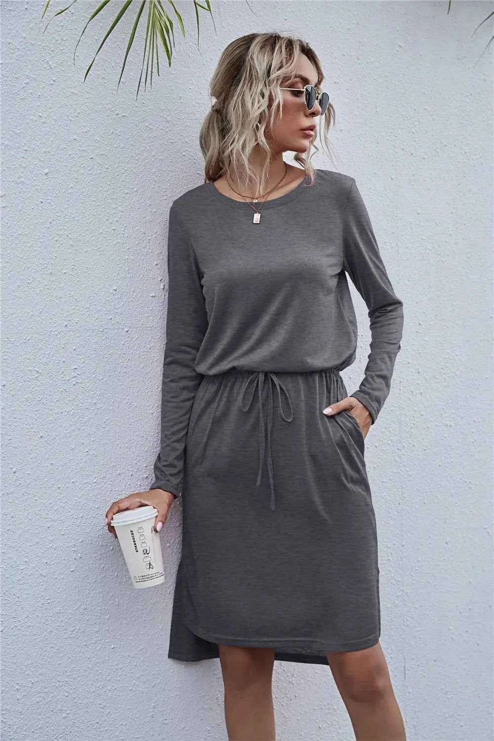 Drawstring Waist Round Neck Long Sleeve Dress cce0045699114792b16fdb4b94f2efae-Max