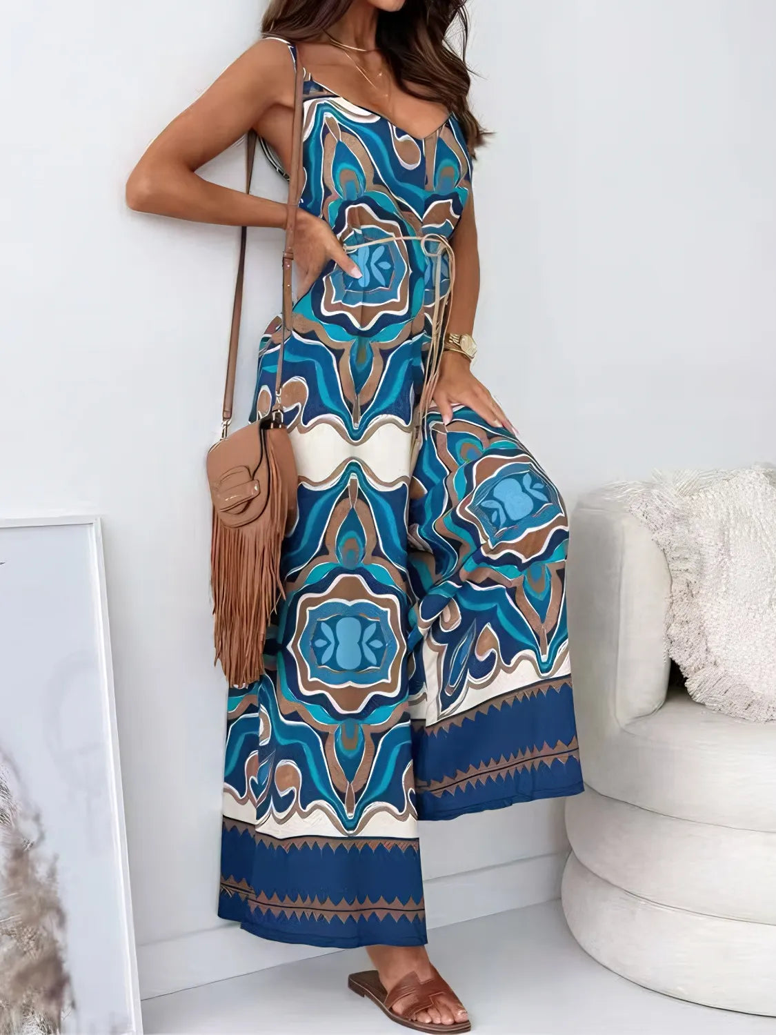 Printed V-Neck Wide Leg Jumpsuit Peacock Blue cce3e9ad-5cd9-46fe-9626-33be59329897-Max-Origin