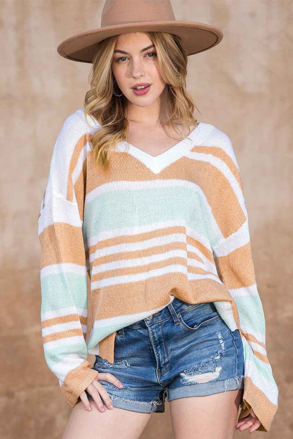 Multicolor Colorblock Stripe V Neck Split Sweater ccf893431c1d1eb9